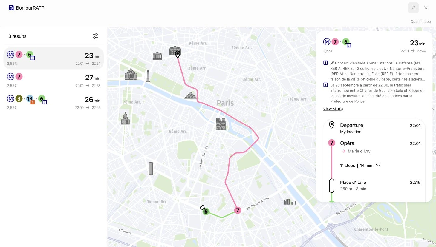 The BonjourRATP MCP App: Paris map, route options and journey steps in ChatGPT.