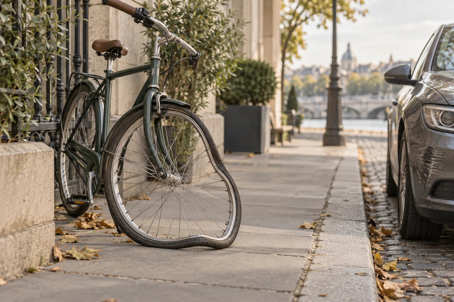 Bicycle with a damaged front wheel, claim example.