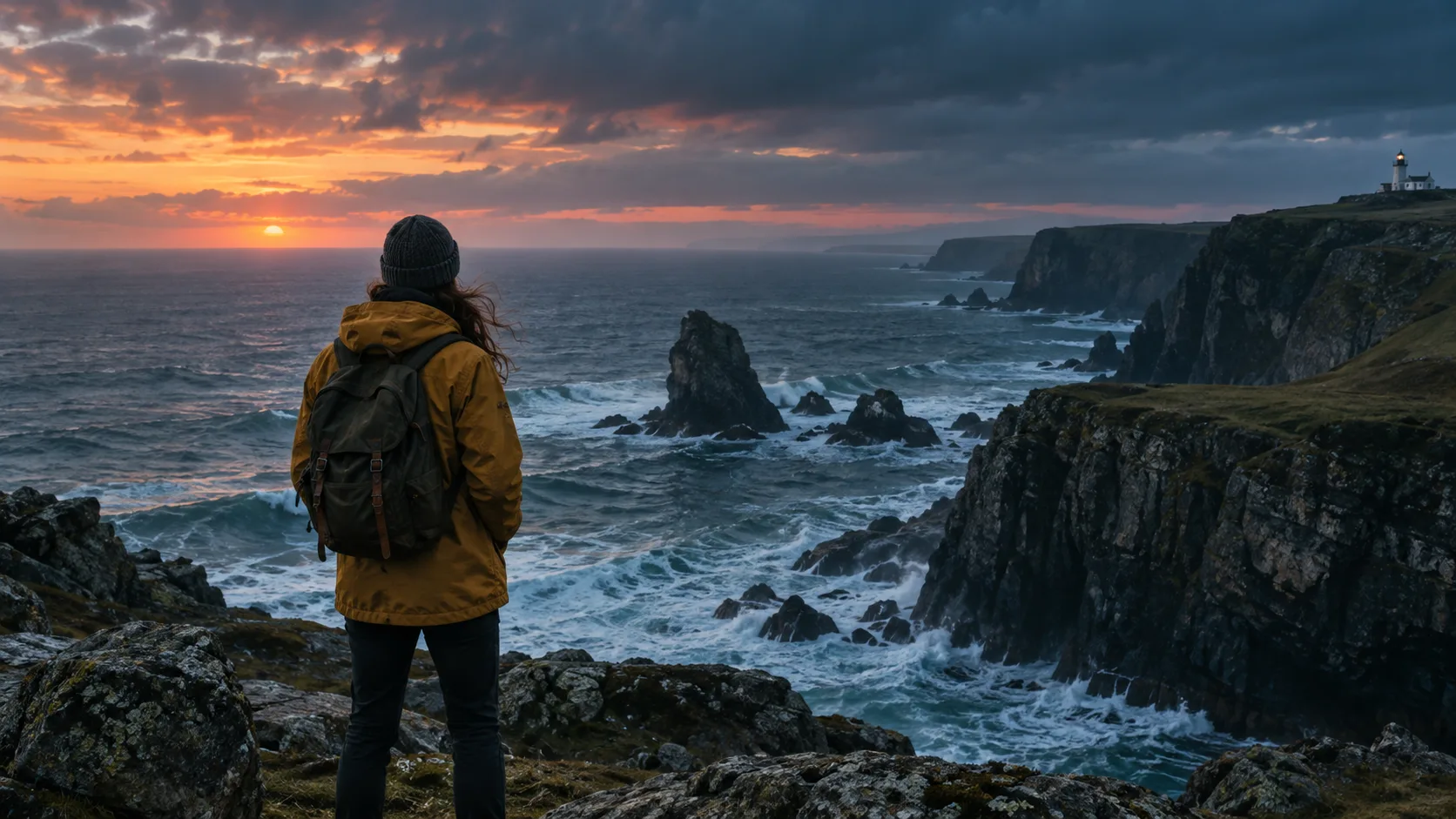 Fictional cinematic still of a person on an Atlantic coast.