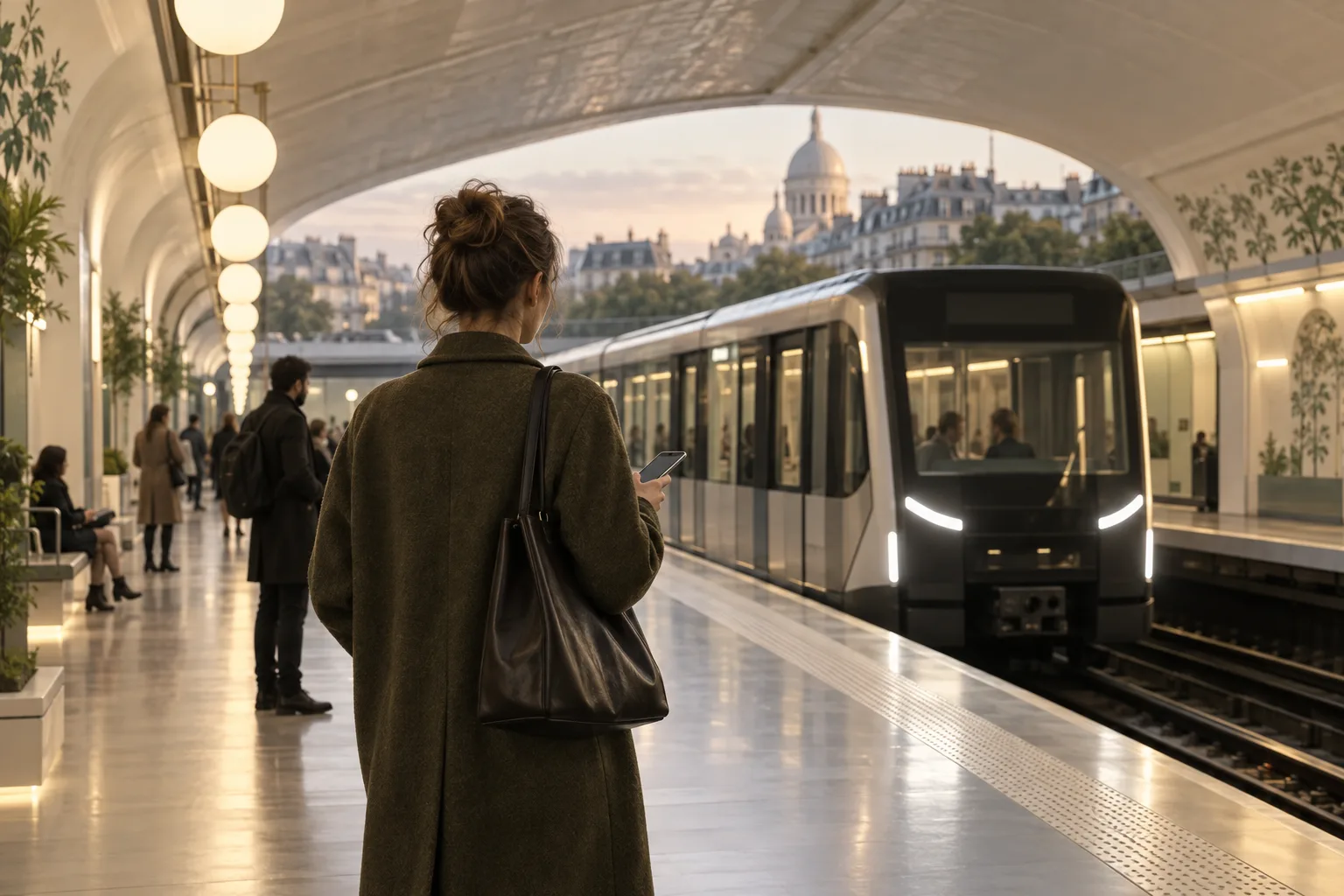 Traveller on a platform beside a train, route-finding example.