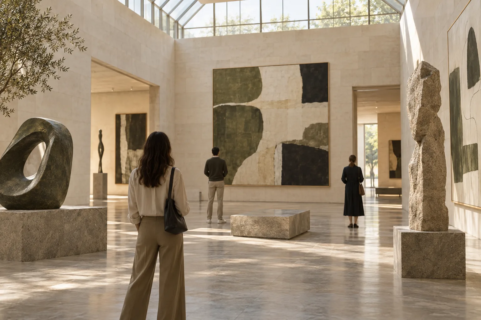 Fictional museum gallery with visitors and abstract artworks.